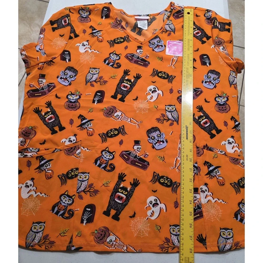 New Scrubstar Women's 2XL Orange‎ Halloween Short Sleeve V Neck Scrub Top